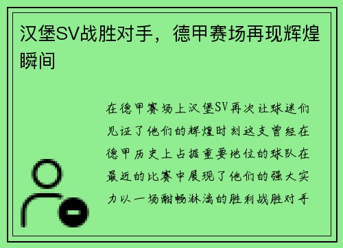 汉堡SV战胜对手，德甲赛场再现辉煌瞬间