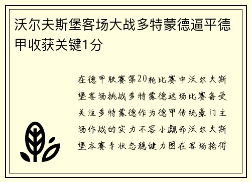 沃尔夫斯堡客场大战多特蒙德逼平德甲收获关键1分