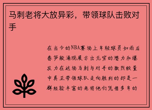 马刺老将大放异彩，带领球队击败对手