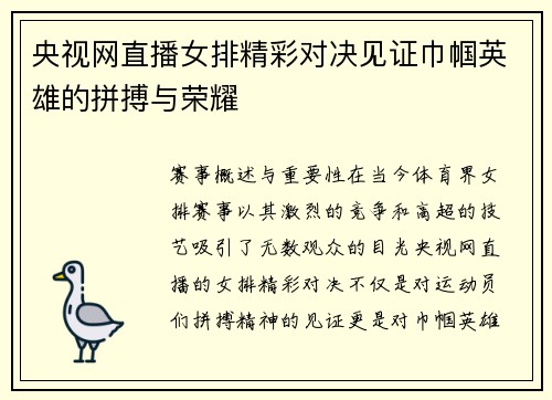 央视网直播女排精彩对决见证巾帼英雄的拼搏与荣耀